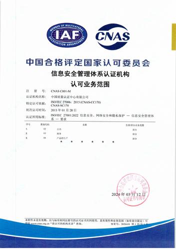 信息安全管理体系认证机构认可业务范围（中文）