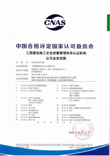 工程建设施工企业质量管理体系认证机构认可业务范围（中文）