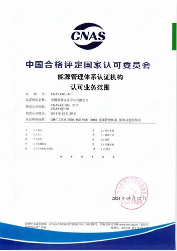 能源管理体系认证机构认可业务范围（中文）