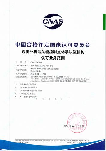 危害分析与关键控制点体系认证机构认可业务范围（中文）