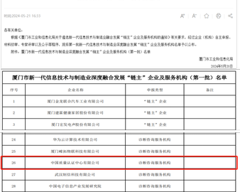 中国质量认证中心入选厦门市首批新一代信息技术与制造业深度融合发展“链主”企业及服务机构