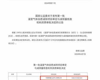 中国质量认证中心成功获得第一批温室气体自愿减排项目审定与减排量核查机构资质
