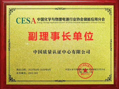 中国质量认证中心当选中国化学与物理电源行业协会储能应用分会副理事长单位2
